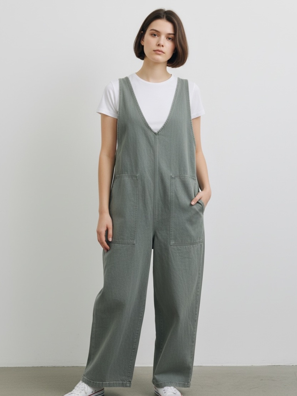 Zenana Outfitters Wide-Leg V-Neck Overalls in Ash Jade